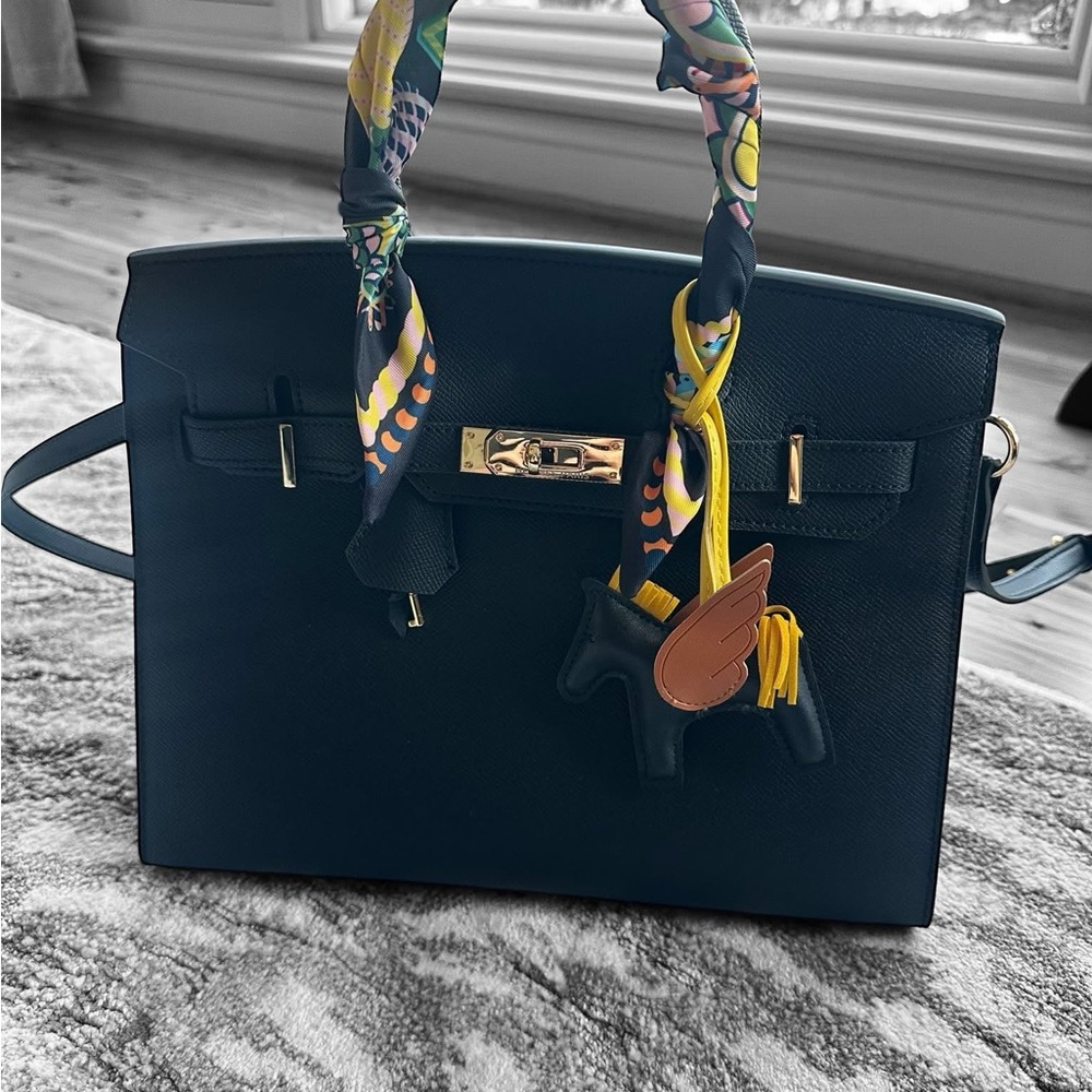 Elegant Black Handbag with Scarf Accent